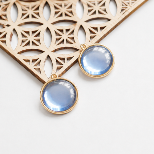 X2 pendentif ovale en verre bleu cobalt transparent et doré, breloque cabochon lumineux style minimaliste, 22mm