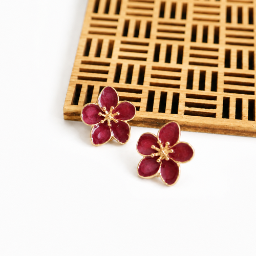 Clou boucles d'oreilles fleuries émail rouge bordeaux et doré 18x20 mm
