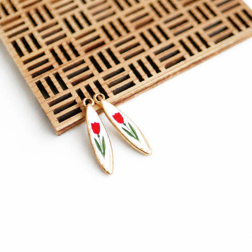 2 breloques tulipe rouge émaillées 6x30mm