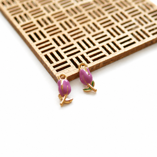 X2 pendentifs tulipe violet émaillée, breloques fleur en acier inoxydable 304 doré ip, 20x8mm 11x22mm
