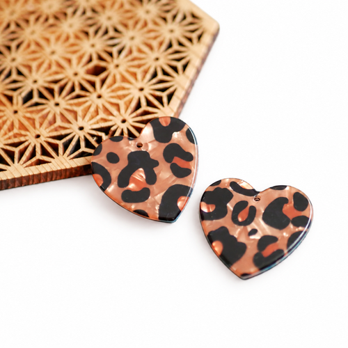 X2 pendentifs cœur léopard marron noir 30 mm,