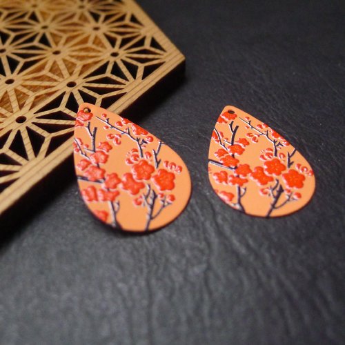 X2 pendentif sequin goutte , orange , motif fleurs sakura, 18x27mm