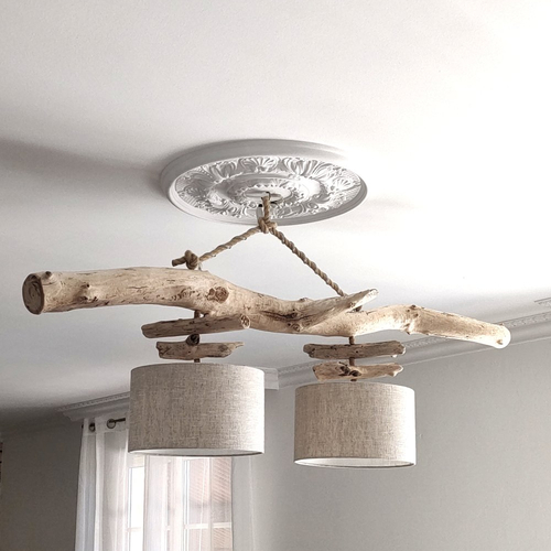 Lustre double en bois flotté et lin naturel - fabriqué en france - luminaire artisanal unique - décoration bord de mer & campagne chic