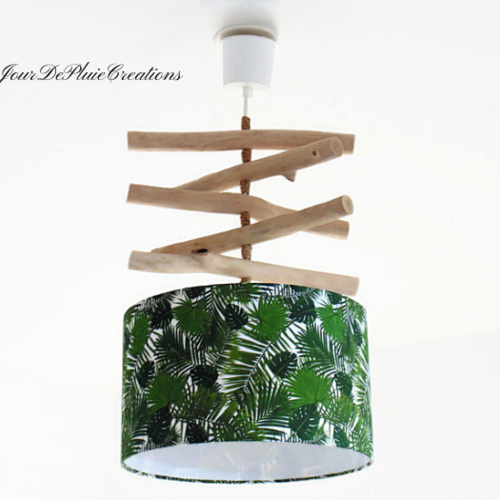 Lustre bois flotté abat jour jungle feuilles vertes 30 cm