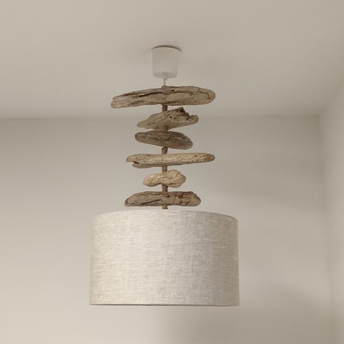 Lustre bois flotté avec abat-jour lin naturel 35 cm – suspension artisanale style bord de mer et campagne chic