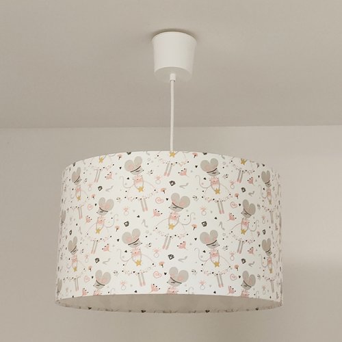 Suspension abat-jour souris princesses - luminaire bébé rose poudré doré - décoration chambre fille - fait main en france