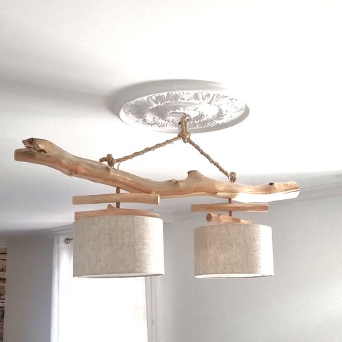 Lustre double en bois flotté et lin naturel – luminaire suspendu artisanal français fait main – pièce unique déco nature