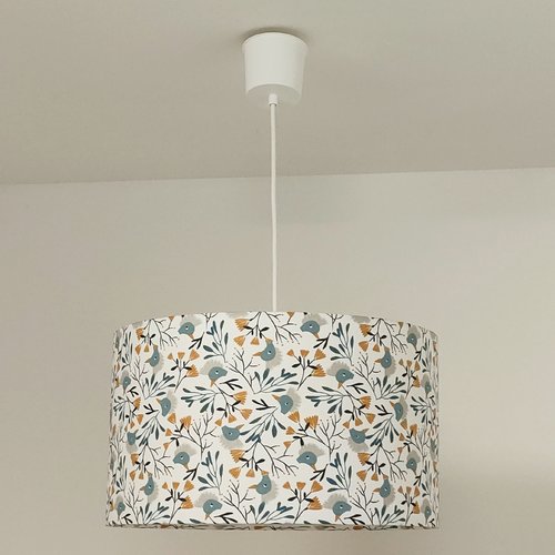Suspension oiseaux & fleurs avec abat-jour floral nature luminaire décoratif romantique campagne chic fabrication française