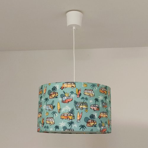 Suspension abat-jour hawaï surf - luminaire combi vintage turquoise - décoration bord de mer - cadeau original fait main