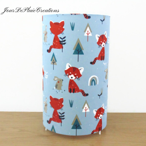 Lampe enfant panda roux : luminaire animaux des bois pour chambre bébé, déco bleu et terracotta, cadeau naissance original fait main