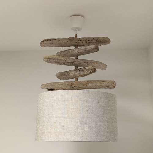 Lustre bois flotté et abat-jour lin naturel 40 cm – suspension artisanale française fait main – luminaire unique déco nature chic