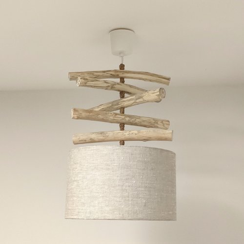 Lustre bois flotté et abat-jour lin naturel 30 cm – luminaire artisanal français décoration nature, scandinave et bord de mer