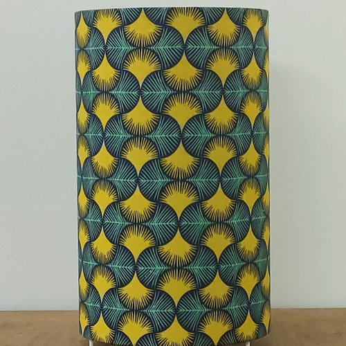Lampe tube wax africain jaune et bleu – lampe de table ethnique, déco bohème, afro chic, luminaire artisanal