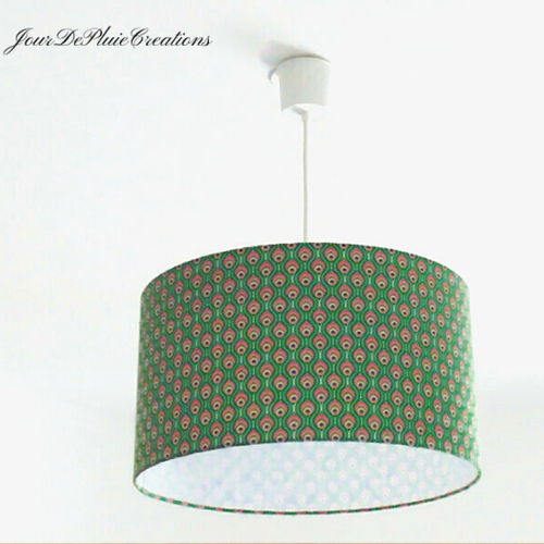 Suspension abat-jour plumes de paon vertes et roses – décoration chic bohème, luminaire élégant pour salon, chambre et bureau