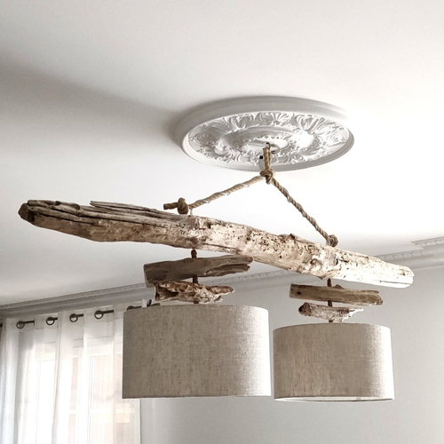Lustre double en bois flotté avec abat-jour lin naturel ø35 cm – suspension plafond artisanale française – décoration bord de mer