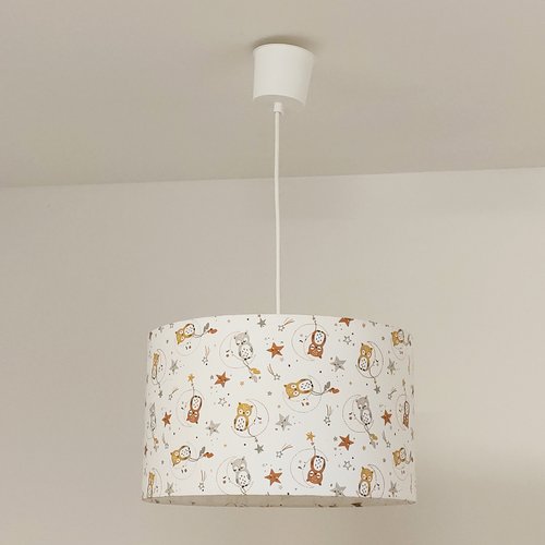 Suspension abat-jour chouettes & étoiles - luminaire bébé nuit - décoration chambre enfant - cadeau naissance original fait main