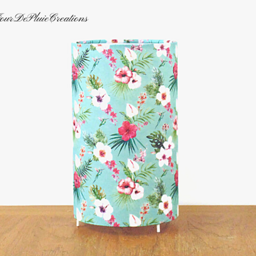 Lampe tube hibiscus bleu lagon - luminaire tropical fait main & déco exotique ambiance vacances