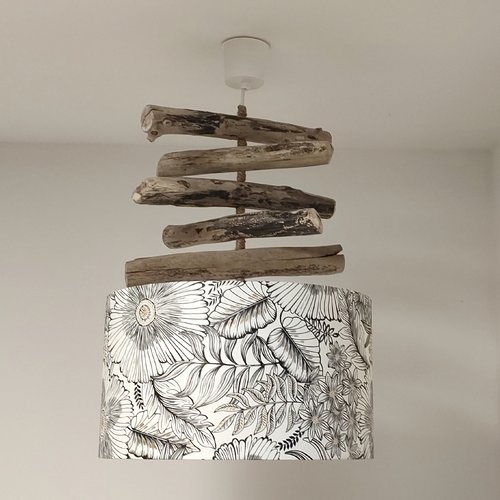 Lustre bois flotté abat-jour fleuri noir blanc or 40 cm – suspension artisanale française fait main – luminaire unique déco chic