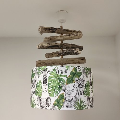 Suspension bois flotté abat-jour safari 40 cm – luminaire artisanal français fait main – déco jungle tropicale et animaux sauvages