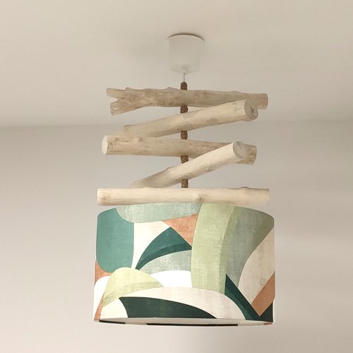 Lustre bois flotté avec abat-jour graphique vert 35 cm – suspension artisanale style nature, scandinave et bohème chic