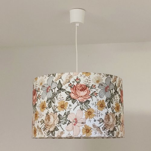 Suspension fleurie romantique avec abat-jour en coton oeko-tex® luminaire campagne chic bohème pour salon chambre salle à manger
