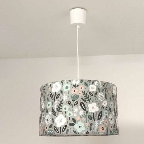 Suspension fleurie vert sauge avec abat-jour en coton oeko-tex® luminaire nature scandinave bohème pour salon chambre entrée