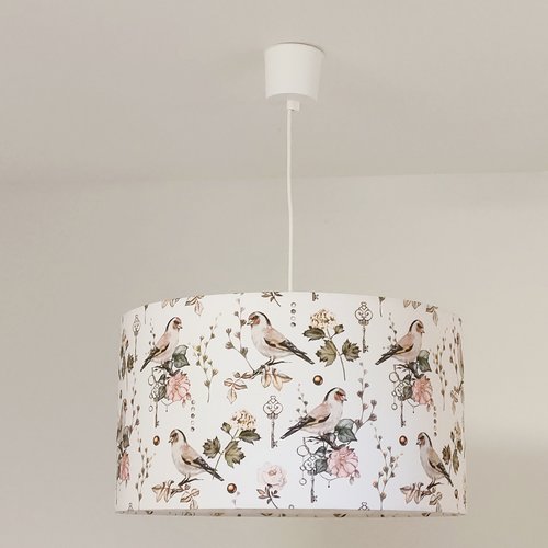Suspension chardonnerets & clefs anciennes avec abat-jour floral nature luminaire romantique campagne chic fabrication française