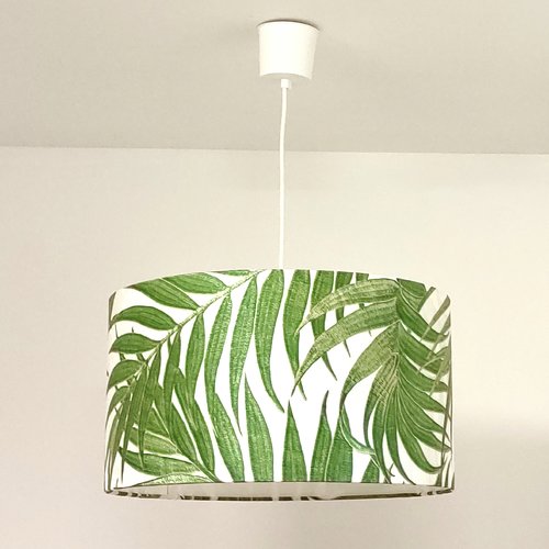 Suspension abat-jour feuilles exotiques vertes  – luminaire artisanal français tropical bohème nature