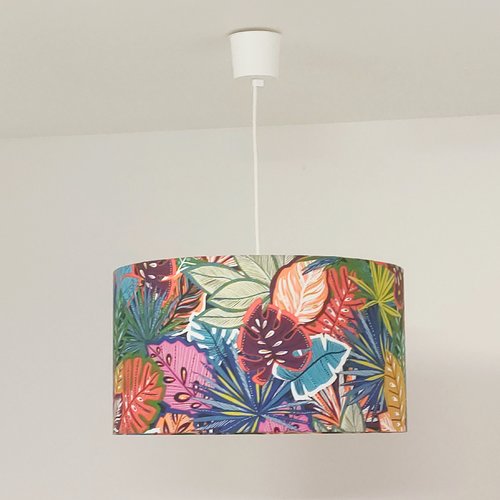 Suspension abat-jour jungle tropicale colorée en tissu – luminaire artisanal français feuillage exotique bohème nature