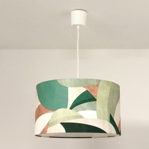 Suspension abat-jour géométrique vert – luminaire artisanal français design nature, scandinave et bohème