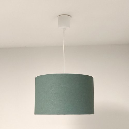 Suspension abat-jour vert kaki effet textile – luminaire artisanal français pour salon, chambre, salle à manger et déco naturelle