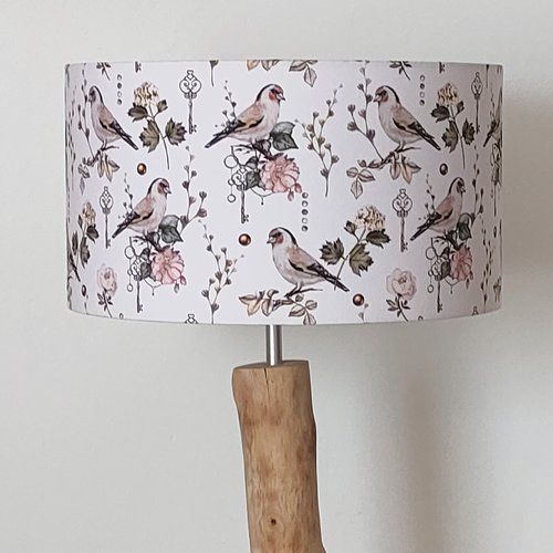 Abat-jour feuillage oiseaux chardonnerets & clés – lampe déco romantique, nature, vintage, campagne chic