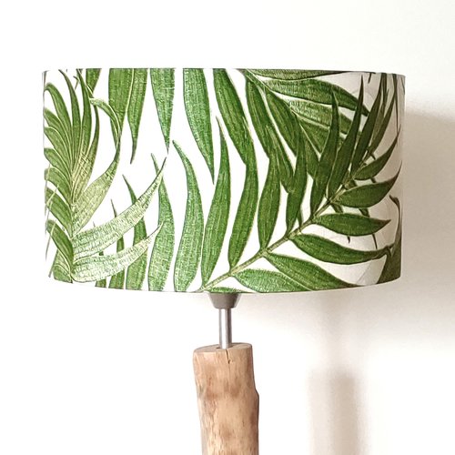 Abat-jour cylindrique feuilles tropicales vertes, luminaire déco exotique, abat jour suspension, fabrication artisanale française