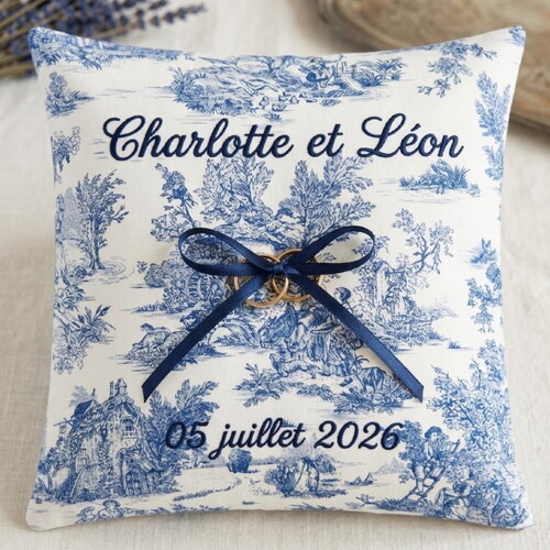 Coussin d'alliances brodé avec prénoms & date, en toile de jouy coton, 20x20cm, porte alliances personnalisé, mariage style campagne chic
