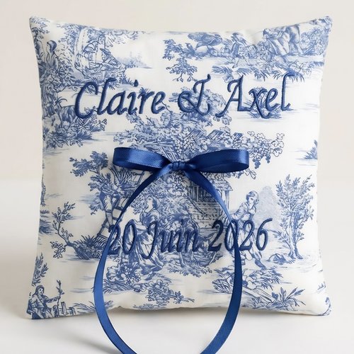 Coussin d'alliances brodé avec prénoms & date, en toile de jouy coton, 20x20cm, porte alliances personnalisé, mariage style campagne chic