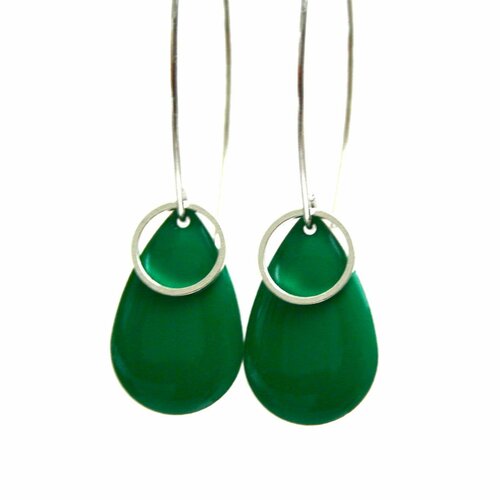 Boucles d'oreilles sequins émaillés goutte anneaux connecteurs grands crochets design vert émeraude