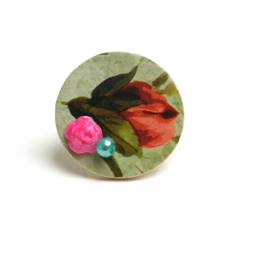 Bague réglable fleur vintage bois, cabochon porcelaine froide rose électrique
