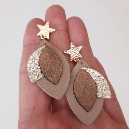 Boucles d'oreilles cuir navettes, cuir doré métalisé, étoiles, cadeau femme