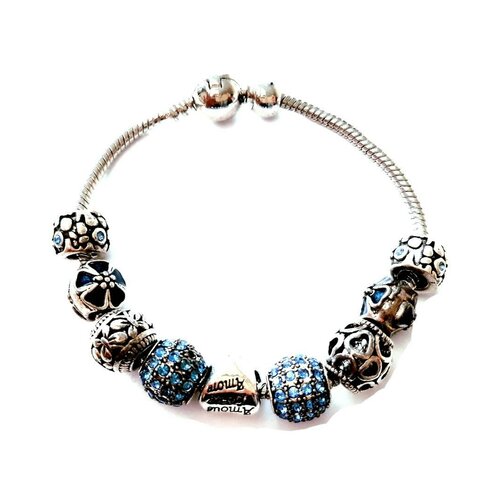Bracelet perles passantes strass bleu et argent