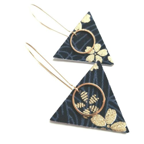 Boucles d'oreilles triangles cuir et tissu japonais