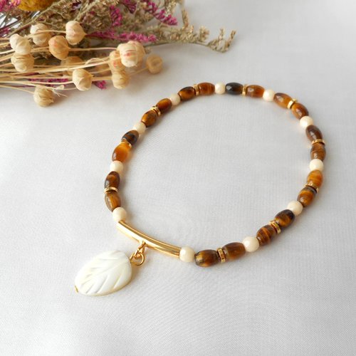 Bracelet en oeil de tigre, nacre et verre tchèque.