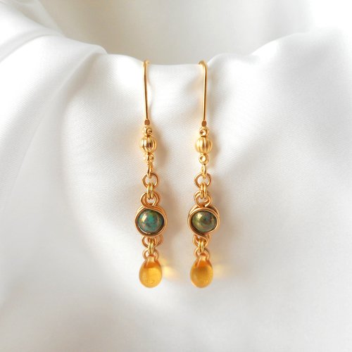 Superbes boucles d'oreilles en verre tchèque, réalisées avec du fil artistic wire.