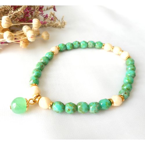 Bracelet élastique en perles de verre tchèque et aventurine.