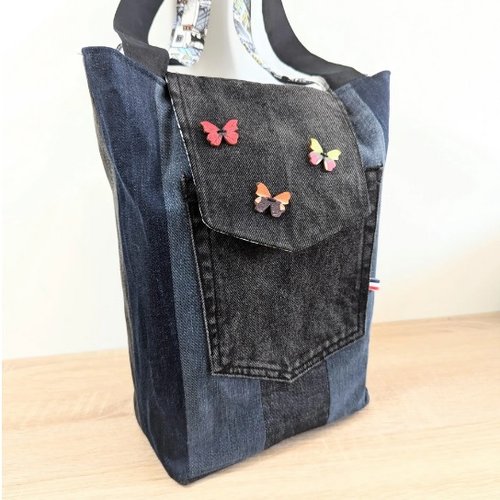 Sac cabas, porté épaule, jean recyclé, écoresponsable, pièce unique faite-main en france