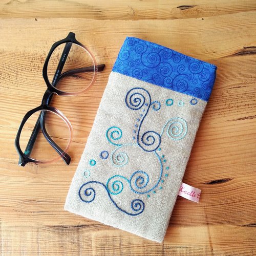Etui à lunettes en lin "arabesques bleues"