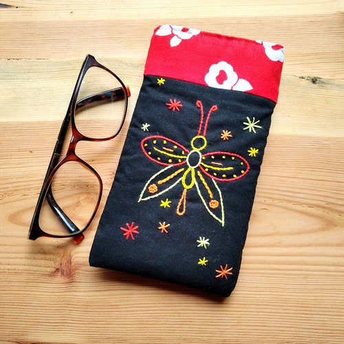 Etui à lunettes en lin "papillon orange"