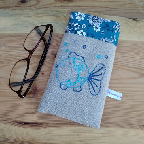 Etui à lunettes en lin "poisson bulle bleu"