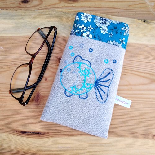 Etui à lunettes en lin "poisson bulle bleu"