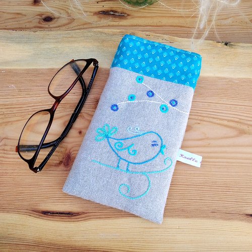 Etui à lunettes en lin "oiseau bleu"