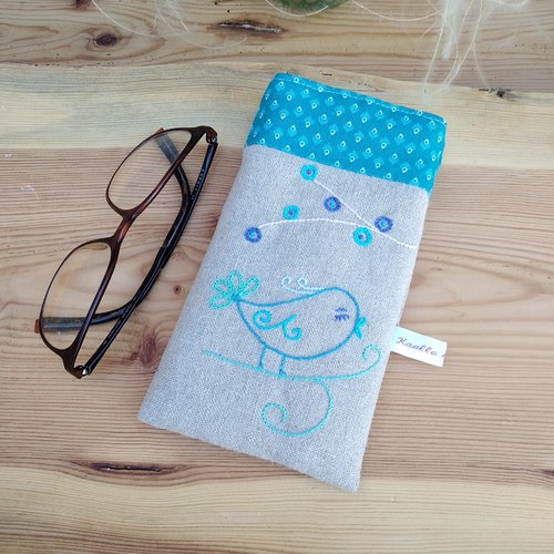 Etui à lunettes en lin "oiseau bleu"